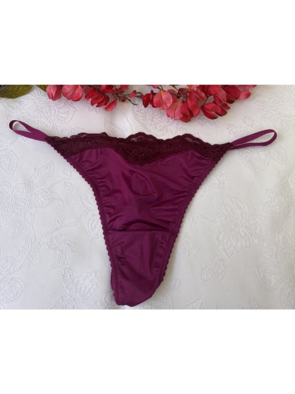 VICTORIA'S SECRET L PURPLE WINE SILKY STRAPPY STRING THONG PANTIES LACE TRIM NWT